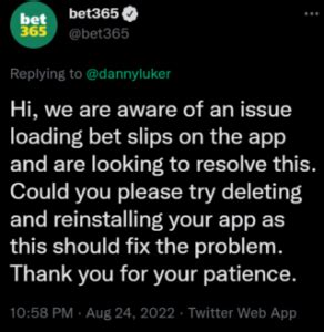 Bet365 app betslips button unresponsive or grayed out after update.
